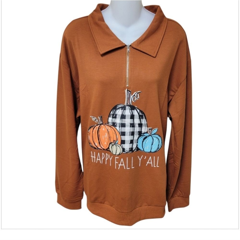 Happy Fall, Y'all Pumpkin 3/4 Zip Sweatshirt 2XL - NWOT - Picture 3 of 5